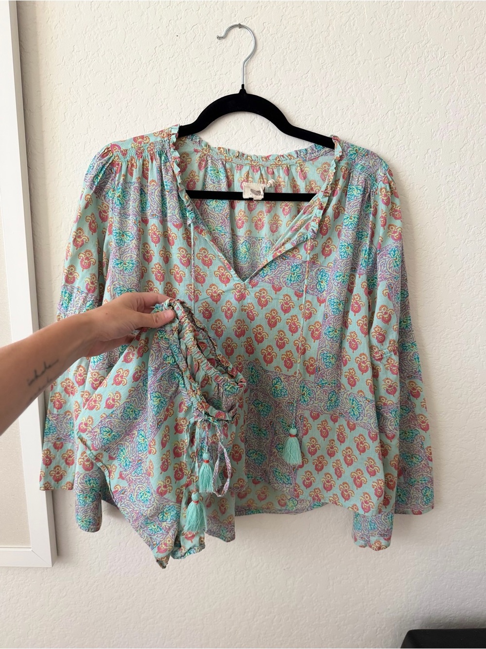 Lilka by Anthropologie Light Aqua Paisley Print Peasant Blouse + Shorts - Picture 2 of 6